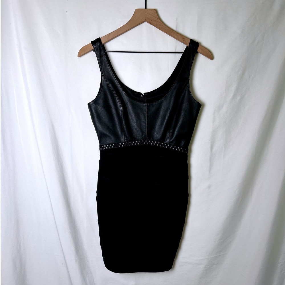 Vintage John Murrough Womens Leather Bandage Bodycon Mini Dress Size 6 Black